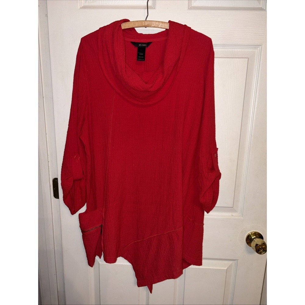 Ali Miles Tunic L Red Cowl Neck Zip Pocket Asymmetric Hem Textured Artsy Top